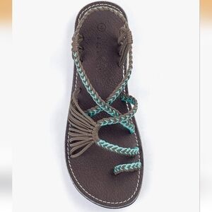 Plaka Woven Sandals Handmade Beach Summer Brown Turquoise NWT 10